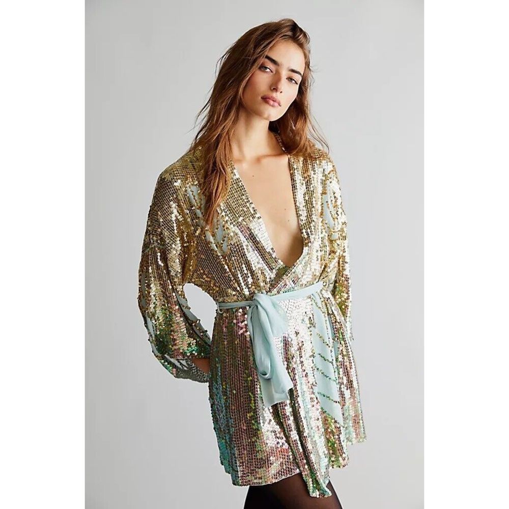 Free People X Jen's Pirate Booty Sunset Kimono Dress with Sash & Sequins